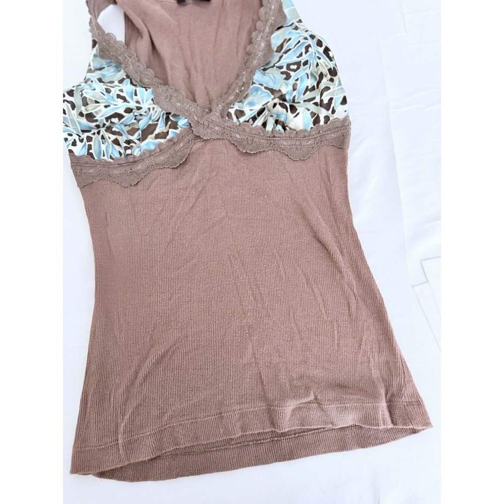 Bisou Bisou Tank Top Brown Lace Trim Blue Floral Cups Size XS X-Small Y2K